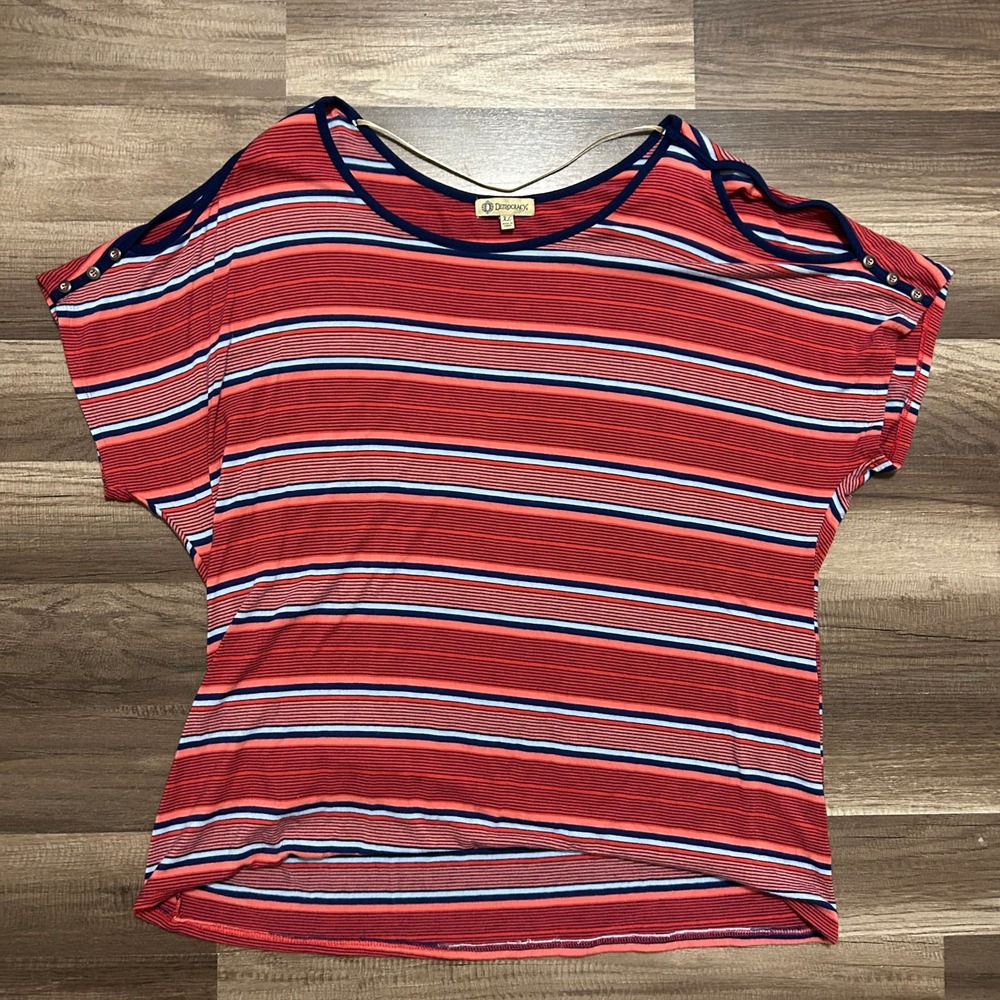 Democracy Blouse XL Red Striped Cold Shoulder Nautical Coastal Casual Boho Chic